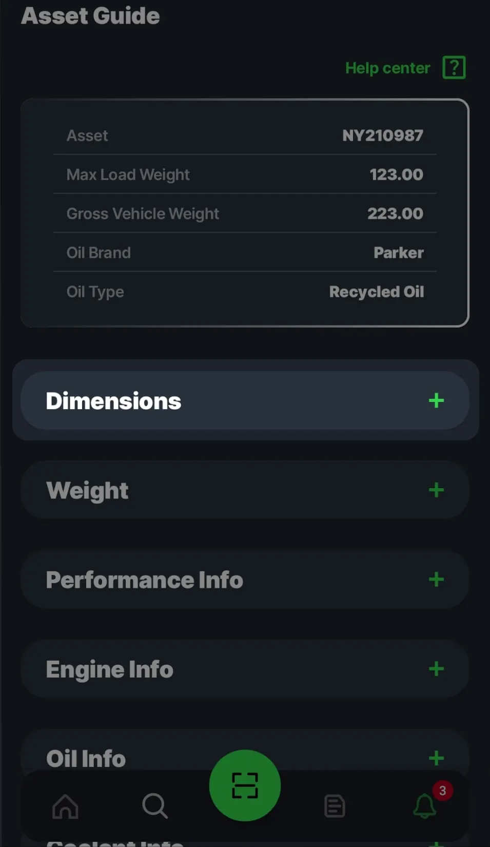 Driver app Asset Guide for one truck, listing load weight, oil brand and oil type, with sections for dimensions, weight, performance, engine and oil info.