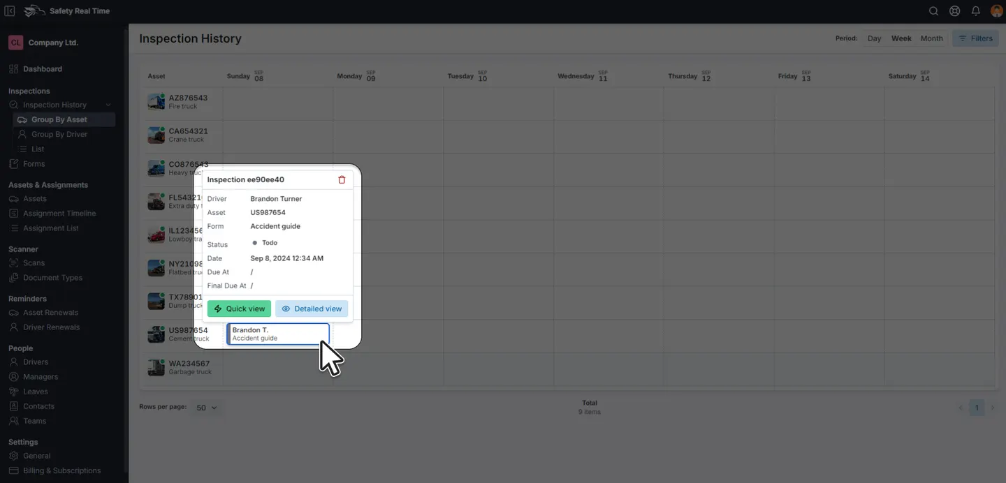 Inspection History calendar with a popover for an Accident guide inspection: driver, asset, status, date, and Quick view and Detailed view buttons.